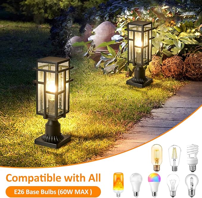 Outdoor Post Lighting Fixture with Pier Mount Base Aluminum Modern Exterior Pillar Lantern with Tough Seeded Glass Waterproof Matte Black Large Outside Pole Lamp for Garden Pathway Driveway