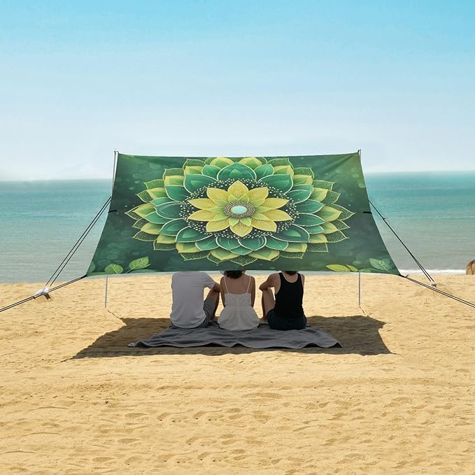 Mandala Texture Green Beach Tent Sun Shelter 9.2' x 10.5' Beach Canopy with 4 Sandbags 4 Stability Poles Sand Shovels - Tent Canopy for Beach Camping Fishing Picnics