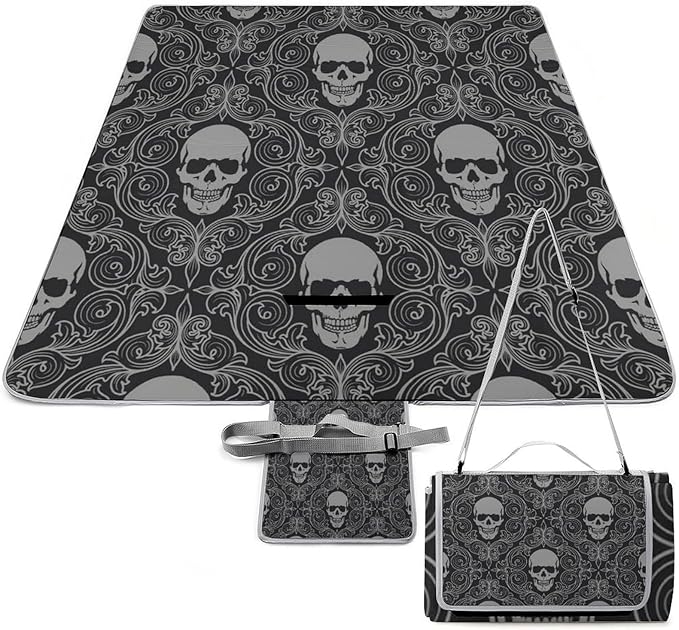 Gothic Skulls Damask Style Black White Waterproof Outdoor Picnic Blanket Sandproof Beach Mat for Camping Hiking Grass Travelling