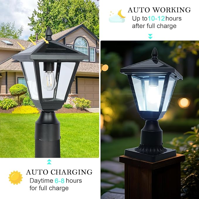Solar Post Lights Outdoor – No Wiring Required Auto Dusk to Dawn Fence &amp Pillar Light for Backyard Garden Pathway Metal and Glass Built Weather Resistant Post Lamp Lights (Warm White)