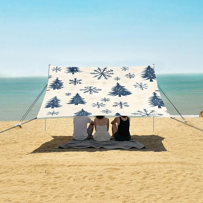 Beach Tent Sun Shelter Blue Christmas Tree Snowflakes Lightweight &amp Easy Setup Beach Shade Canopy for Camping Fishing