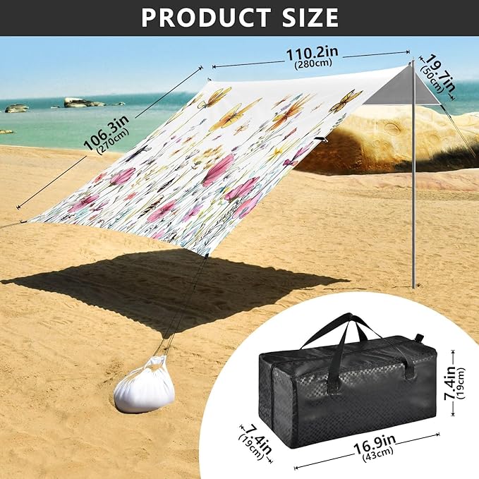 Colorful Botanical Beach Tent Sun Shelter 9.2' x 10.5' Beach Canopy with 4 Sandbags 4 Stability Poles Sand Shovels - Tent Canopy for Beach Camping Fishing Picnics