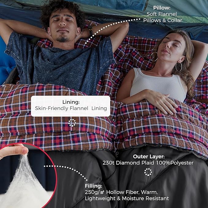 KingCamp Double Sleeping Bag for Adults Queen Size 2 Person XXL Flannel Sleeping Bag Waterproof Lightweight Flannel Quilt with 2 Pillows Perfect for Couples Family Camping Hiking