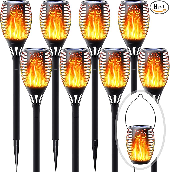 8Pack Solar Torch Light with Flickering Flame Upgraded 3in1 Solar Lights Outdoor Hanging Lantern Waterproof Landscape Decoration Lighting for Garden Yard Pathway Driveway Auto On/Off
