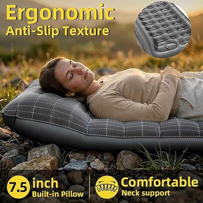 Camping Sleeping Pad Extra Thick 6 Inch Camping Mat with Built-in Pillow &amp Foot Pump Ultralight Inflatable Sleeping Pad for Backpacking Hiking Travel Tent(Gray)