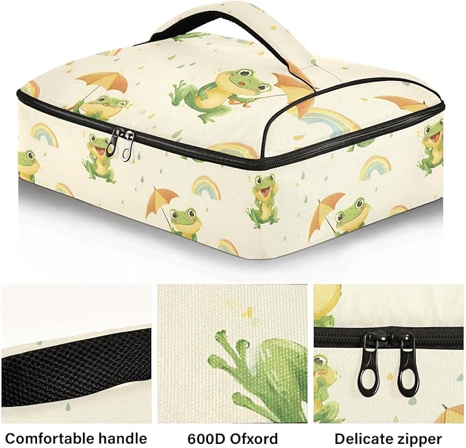Casserole Carrier Adorable Frogs Holding UmbrellasInsulated Casserole Carrier for Hot or Cold Food Thermal Lunch Tote for Potluck Parties Picnic Beach Fits 9 x 13 Inches Baking Dish