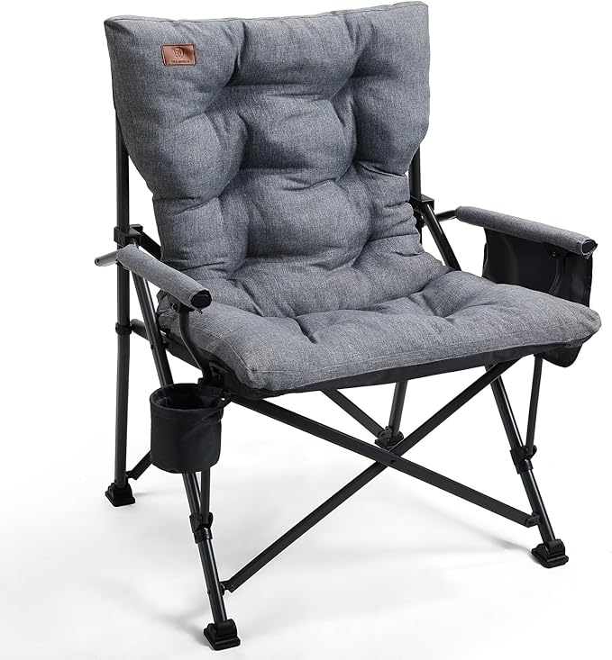 EVER ADVANCED Padded Oversized Folding Camping Chair for Adults Heavy Duty Lawn Chair with Side Pockets Portable Collapsible Quad Chair for Outside Support Up to 500lbs Grey