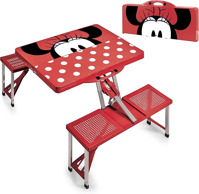 PICNIC TIME Disney Minnie Mouse Folding Picnic Table with Seats Collapsible Aluminum Table and Bench Set with Umbrella Hole Lightweight Portable Table for Camping TravelTailgating Backyard (Red)