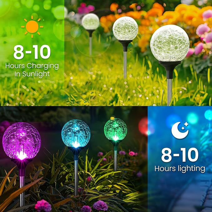 GIGALUMI Solar Garden Lights 6 Pack Outdoor Solar Lights for Yard Decorative Christmas Lights Outdoor Decorations Waterproof Multi-Colored Changing Garden Globes Cracked Glass Ball with LED Lights