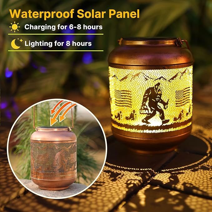 Bigfoot Solar Lanterns Outdoor Waterproof Hanging Solar Lights Big Foot Sasquatch Birthday Gifts for Women Men Metal Decoratives LED Lantern for Patio Backyard Porch Yard Lawn Garden Decor