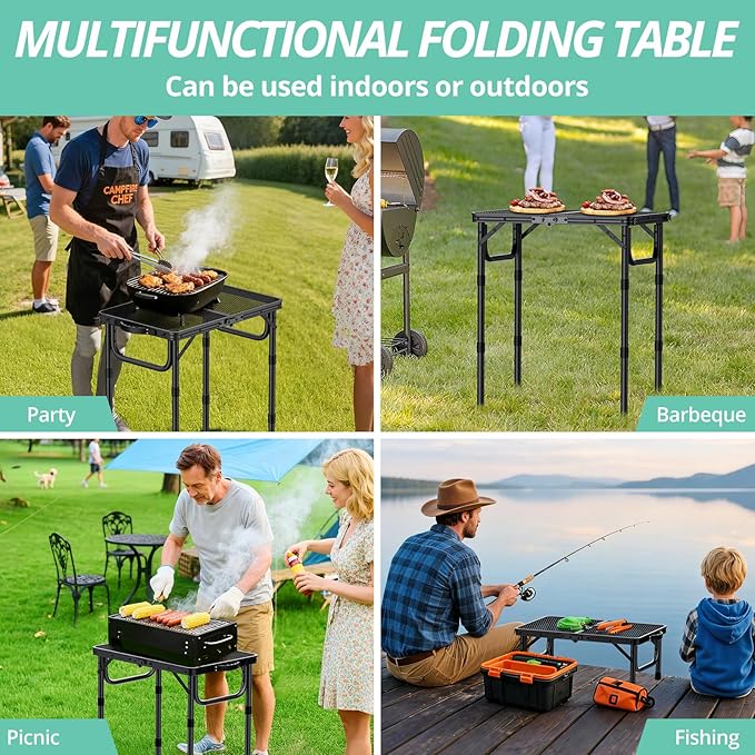 VINTEAM Camping Folding Grill Table | 3 Adjustable Heights | Lightweight Portable Aluminum Table for BBQs Picnic and Outdoor Use | Mesh Desktop 66lbs Weight Capacity