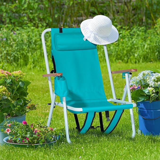1 Pcs Folding Backpack Beach Chair 4 Position Portable Camping Chair with Headrest Cup Holder and Wooden Armrests (Green)