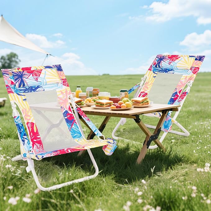 Giantex 2-Pack Folding Beach Chair Low Lawn Chairs with Padded Head Pillow Mesh Back Cup Holder and Armrests Portable Outdoor Lounge Chair for Camping Sunbathing Picnic Fishing