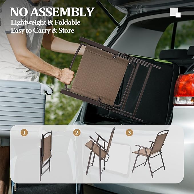 Crestlive Products Set of 4 Patio Folding Chairs 4-Pack Dining Chairs Outdoor Portable Sling with Armrest for Camping Beach Garden Pool Backyard Deck (Brown)