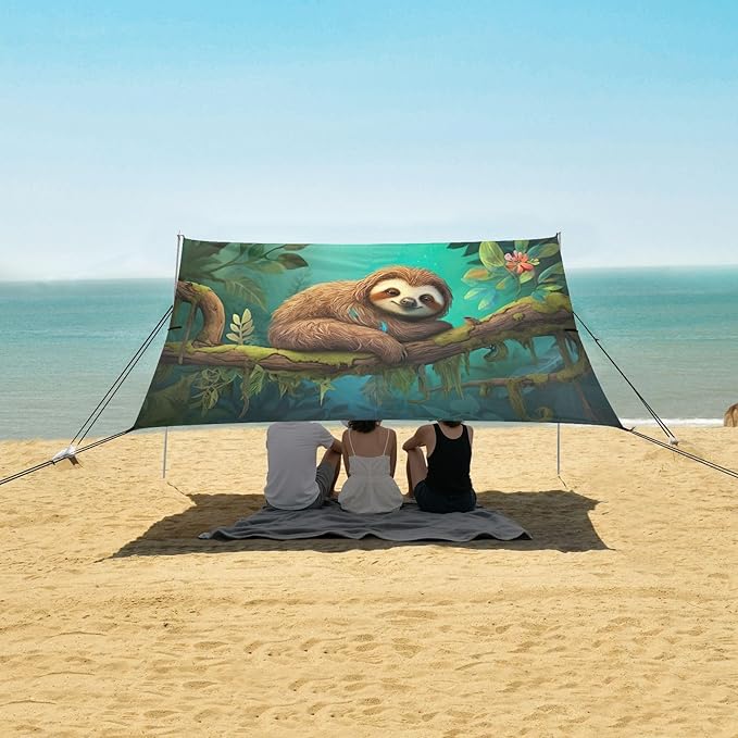 Cute Sloth Beach Tent Sun Shelter 9.2' x 10.5' Beach Canopy with 4 Sandbags 4 Stability Poles Sand Shovels - Tent Canopy for Beach Camping Fishing Picnics