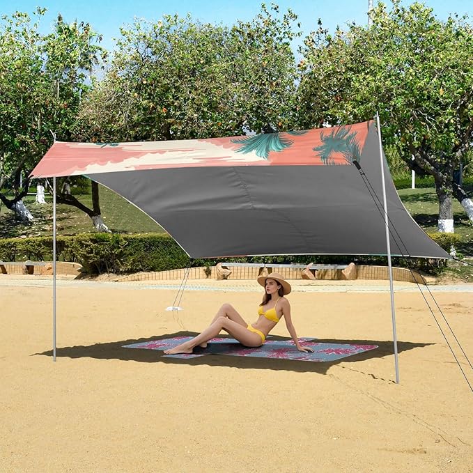 Beach Tent Sun Shelter Coconut Trees Reflection Lightweight &amp Easy Setup Beach Shade Canopy for Camping Fishing