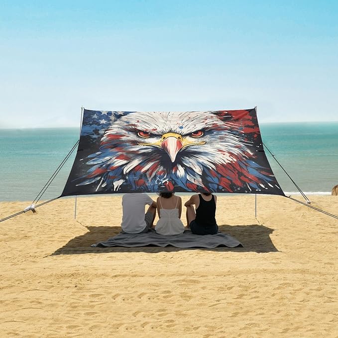 ALAZA American Flag Eagle Head Beach Tent Sun Shelter UPF50+ Protection Beach Shade Canopy w/ 4 Sandbags for Outdoor Camping Fishing Backyard Fun Picnic 10x9 ft