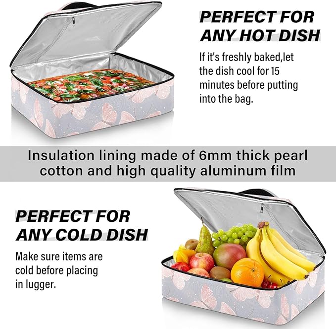 Casserole Carrier Cute Butterfly GreyInsulated Casserole Carrier for Hot or Cold Food Thermal Lunch Tote for Potluck Parties Picnic Beach Fits 9 x 13 Inches Baking Dish