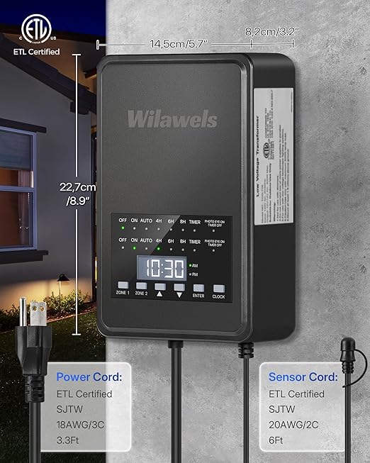 300W Low Voltage Landscape Transformer 2 Zone Independent Control 120VAC to 12/14V AC Low Voltage Transformer Landscape Lighting Transformer with Timer &amp Photocell Sensor ETL Listed D26LT06