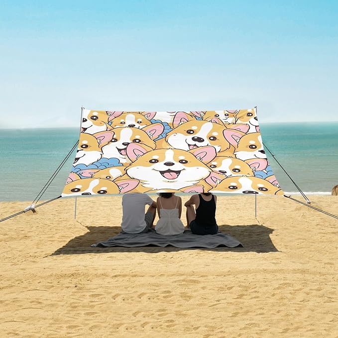Cartoon Corgi Pattern Beach Tent Sun Shelter 9.2' x 10.5' Beach Canopy with 4 Sandbags 4 Stability Poles Sand Shovels - Tent Canopy for Beach Camping Fishing Picnics
