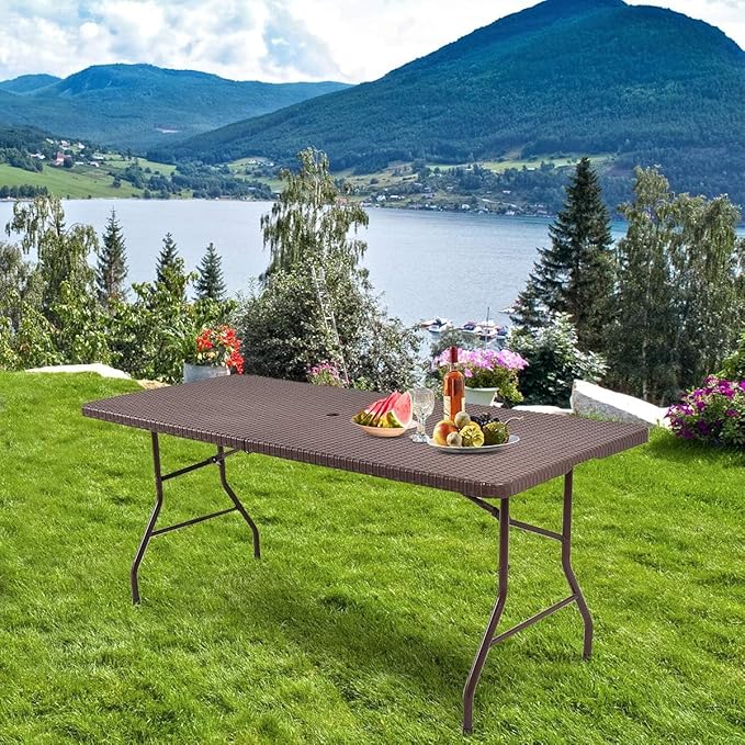 Tangkula 6Ft Rattan Folding Table Indoor Outdoor Portable Foldable Table with 1.8 Inch Umbrella Hole Heavy Duty Metal Frame Carrying Handle for Camping Picnic Backyard BBQ