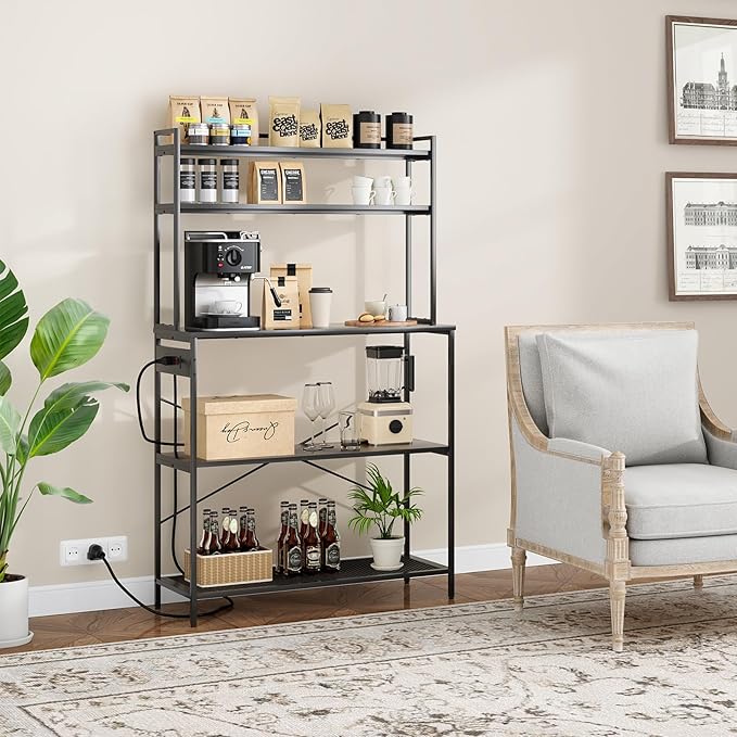 Large 5 Tier Bakers Rack with Electrical Outlets 39 Inch Microwave Stand Coffee Bar Kitchen Storage Shelf for Home Counter Space Organizer