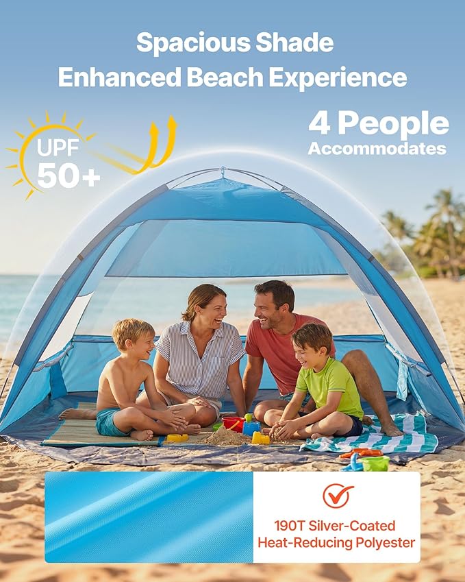 VEVOR Beach Tent Sun Shelter for 4 Person UPF 50+ Protection Portable Sun Shade Beach with Carrying Bag &amp Sand Pockets Lightweight and Easy Setup Beach Umbrella for Camping Fishing Outdoor Picn