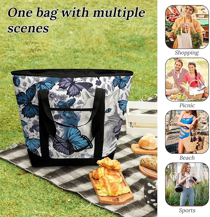 Insulated Shopping BagLarge Reusable Cooler Bags Blue Butterfly And White Cat Printed Foldable Shopping BagTravel Waterproof Shoulder Bag