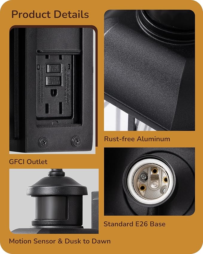 EDISHINE Outdoor Wall Lights with GFCI Outlet Motion Sensor Porch Light for House Dusk to Dawn Exterior Lighting Fixtures Waterproof Outdoor Wall Sconce for Patio Garage Black