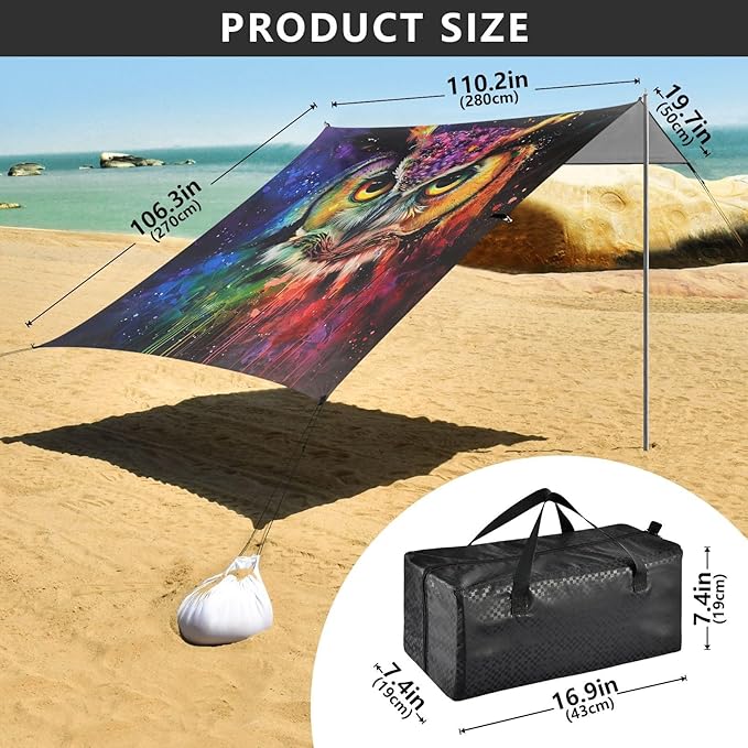 ALAZA Owl Portrait Rainbow Color Beach Tent Sun Shelter UPF50+ Protection Beach Shade Canopy w/ 4 Sandbags for Outdoor Camping Fishing Backyard Fun Picnic 10x9 ft