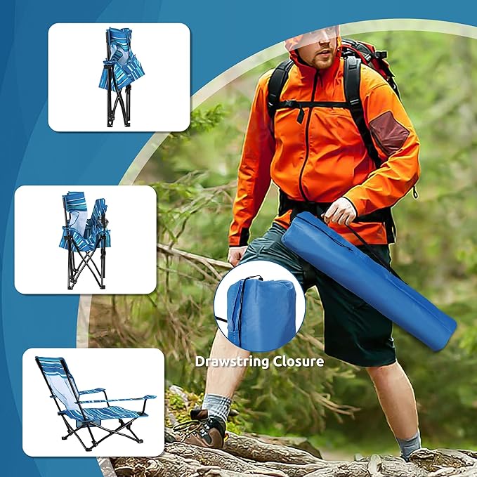 HaSteeL Folding Beach Chair Set of 2 Foldable Striped Camping Chairs for Outside Low Beach Chair Portable for Adults Fishing Picnic Outdoor BBQ Travel Sports Cup Holder &amp Storage Bag