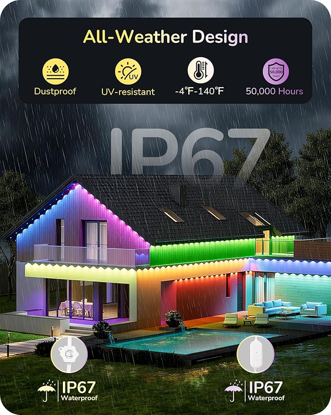 EDISHINE 150FT Cuttable Permanent Outdoor Lights 90 LED Smart RGB+IC+Warm White Eave Light 111+ Scene Modes App+Voice+Remote Control IP67 Waterproof for House New Year Decor Alexa Google Enable