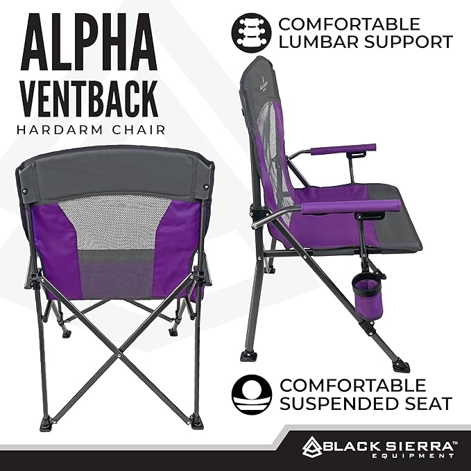 Black Sierra Camping Chair – Folding Portable Lawn &amp Beach Chair with Padded Hard Armrest Mesh Vented Back Spacious Cup Holder Carry Bag – Supports 300 lbs for Sports