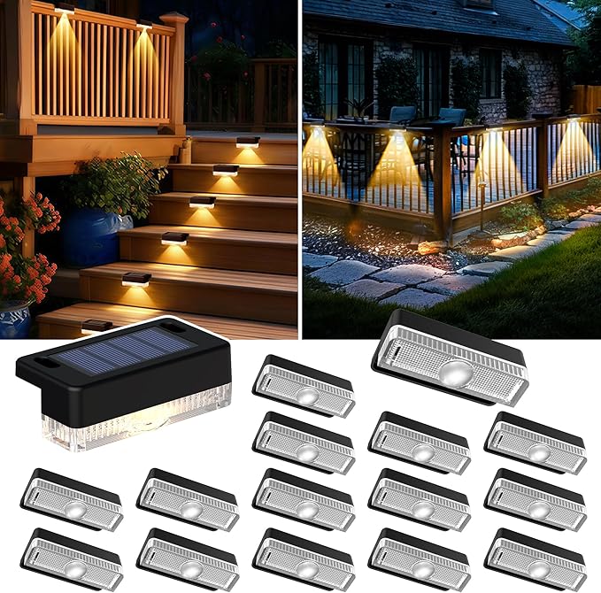 Solar Deck Lights Outdoor 16 Packs Solar Powered LED Step Lights Waterproof Outdoor for Deck Stairs Step Fence Wall Patio Yard Pool and Pathway (Warm White)