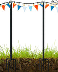 LAND·VOI Metal String Light Poles for Outside Hanging - Backyard Garden Patio 2 Pack Lighting Stand with Adjustable Height for Outdoor Parties Wedding Extra-Long 5-Prong Claws (10FT) FLP02B