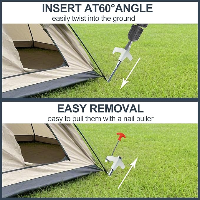 20-Pack Heavy-Duty Tent Stakes 8 Inch Yard Stakes Non-Rust Metal Tent Pegs Ground Stakes Tent Spikes for Camping Patio Garden Canopies with Hex Head Driver and Sturdy Storage Bag (White)