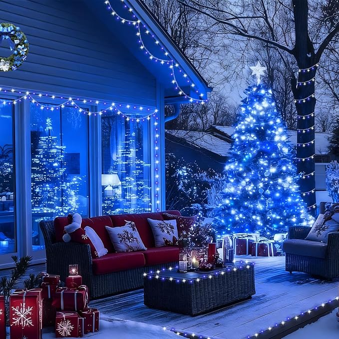 YEGUO 165ft 500 LED Blue and White Christmas Lights Outdoor Waterproof Clear Wire String Lights Indoor Plug in 8 Modes Clear Wire Twinkle Tree Light for Xmas Party Garden