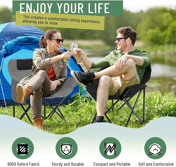 2 Pack Compact Camping Chairs Portable Folding for Outside with Carry Bag Lightweight Moon Chairs for Travel Picnic Hiking Beach Fishing 600D Oxford Supports 330lbs(Grey Black)