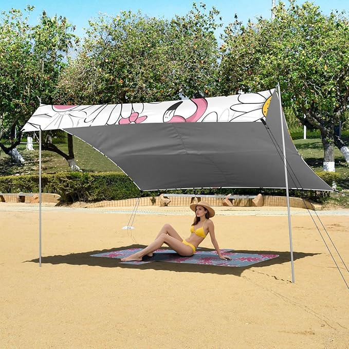 Flamingo Daisy Camping Sun Shelter Beach Tent Portable Beach Sun Shade Outdoor Canopy for Camping Trips Fishing Picnic