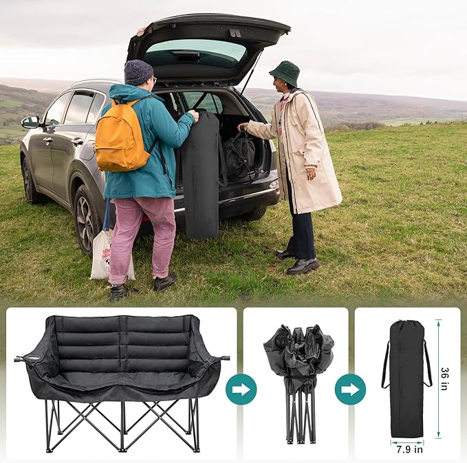 Slsy Oversized Double Camping Chair Folding 2 Person Camping Chair Loveseat Fully Padded Duo Chair Camping Couch Fold Up Double Camp Chair Lawn Chairs Camping Bench with Carrying Bag