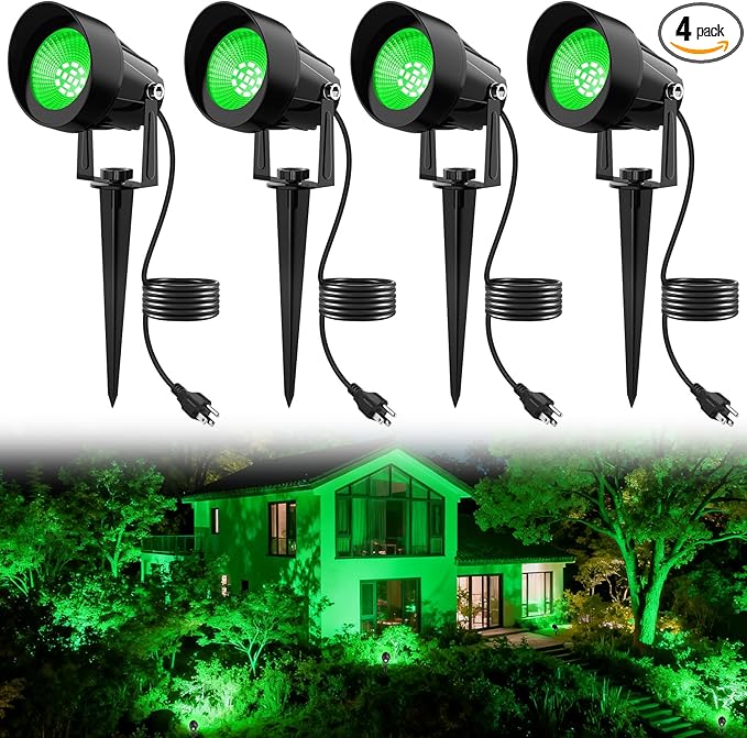 Green Spotlights Outdoor 14 LED Landscape Lighting with US Plug IP65 Waterproof Spot Lights for Tree Yard Garden Pathway Halloween Christmas St. Patrick's Day Decor 4 Pack