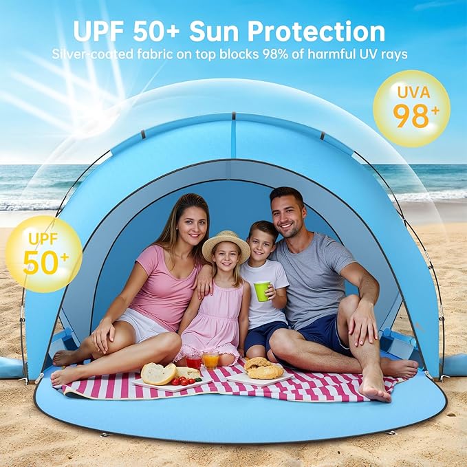 Beach Tent Sun Shelter Sun Shelter for 1-4 Person Beach Shade Tent Beaches Shade with 2 Zippered Doors Portable Tents for Camping Fishing Blue