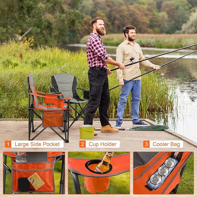 Oversized Padded Camping Chairs for AdultsHeavy Duty Support 400 LbsFolding Portable Lawn Chair w/Cup HolderCooler BagSide PocketPerfect for Outdoor PicnicHiking(Orange)