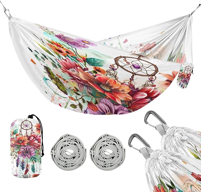 ALAZA Dreamcatcher Flowers Camping Hammocks Single or 2 Person 500 lbs Portable Parachute Travel Hammock w/Tree Straps for Hiking Backpacking Indoor Outdoor