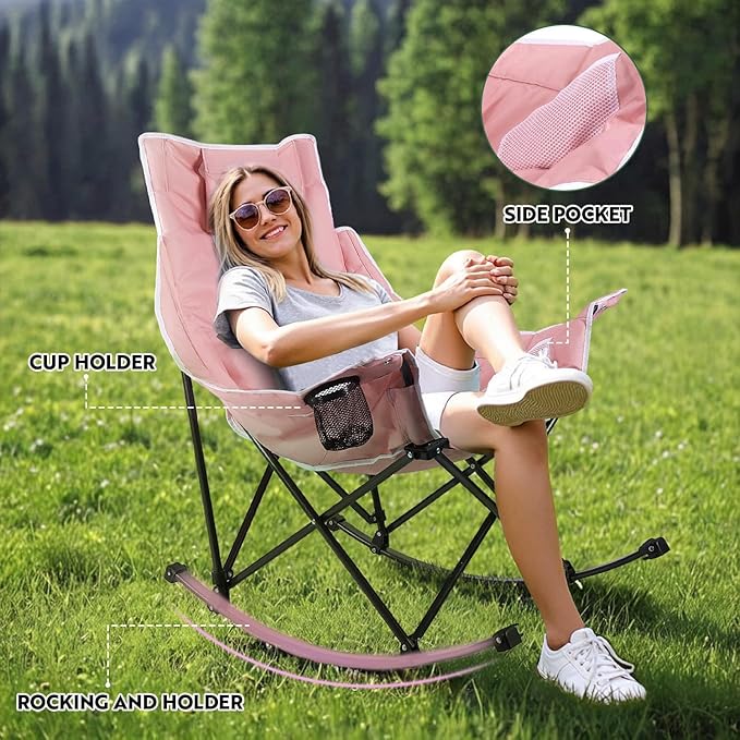 VITESSE Oversized Rocking Camping Chair Luxury Padded ReclinerOversized Folding Lawn Chair with Pocket and Carry BagOutdoor Camp Rocker Chairs for Adults Heavy Duty 300 LBS (Pink)