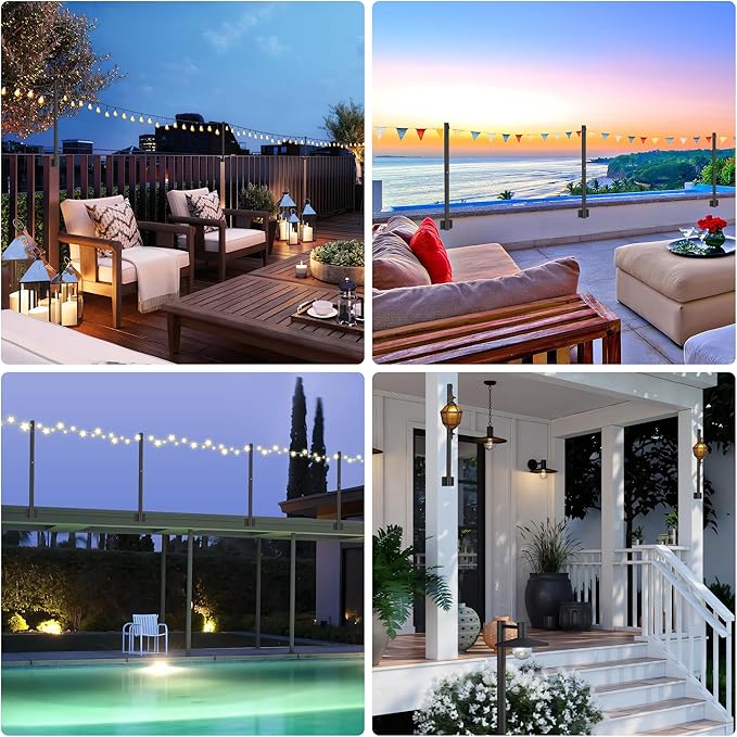 Suchtale 4 Pack 2.8 FT String Light Poles Suspension Outdoor Fence Post Lights with Clip and Bracket Outside String Lights Hanging Wall Mounting Stand for Patio Garden Backyard Wedding Party Black