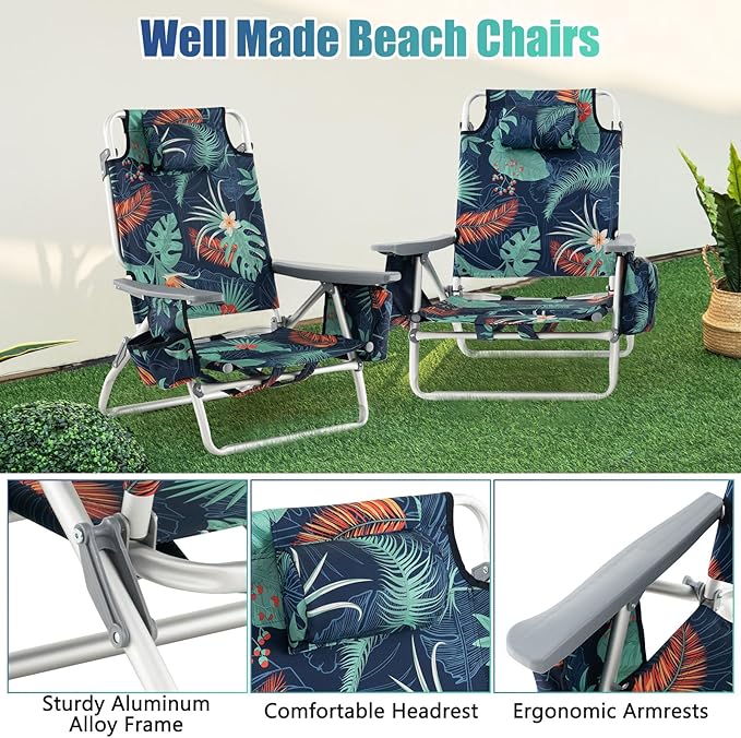 GYMAX Beach Chairs Backpack Camping Chair with Armrest Cooler Bag Cup Holder Towel Bar &amp Side Pockets Sunbath Sling Tanning Lounge Folding Layout Chair (Without Table Flower)