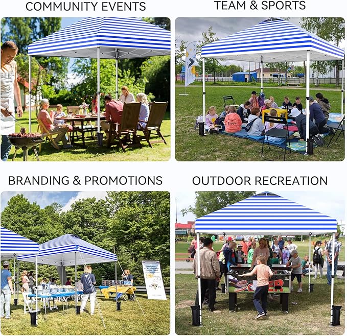 Nazhura 10' x 10' Pop Up Canopy with Sand Weight Bag Awing for Patio Freestanding Sun Shelter for Picnic and Camping One Person Setup White (Blue Stripe)