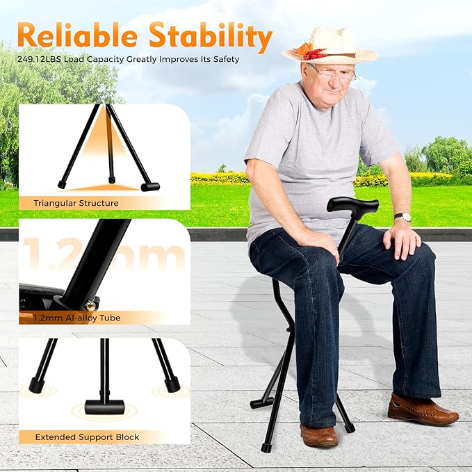 2-in-1 Walking Cane with Seat Cane Stool Crutch ChairPortable Folding Walking Stick Cane Chair Lightweight Sturdy Tripod Cane Stool for ElderlyMenWomenMax Load 249.12lbs
