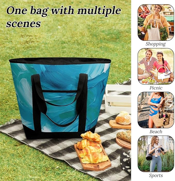 Insulated Shopping BagLarge Reusable Cooler Bags Blue Oil Paint Texture Printed Foldable Shopping BagTravel Waterproof Shoulder Bag